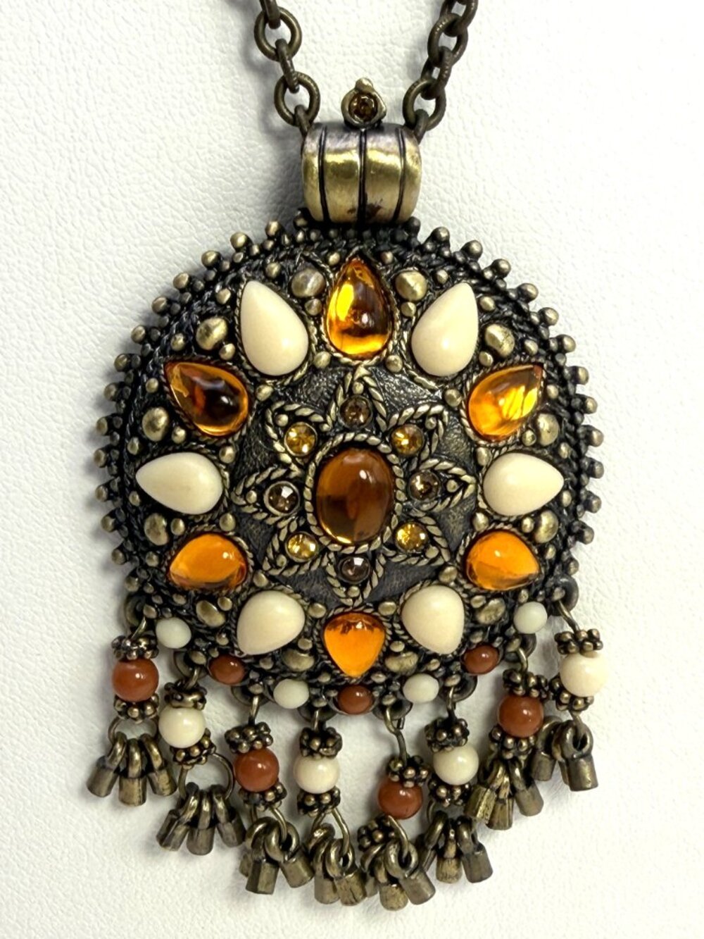Joan Rivers Necklace Amber Glass Cream Cabochon Pendant Dangle Beads